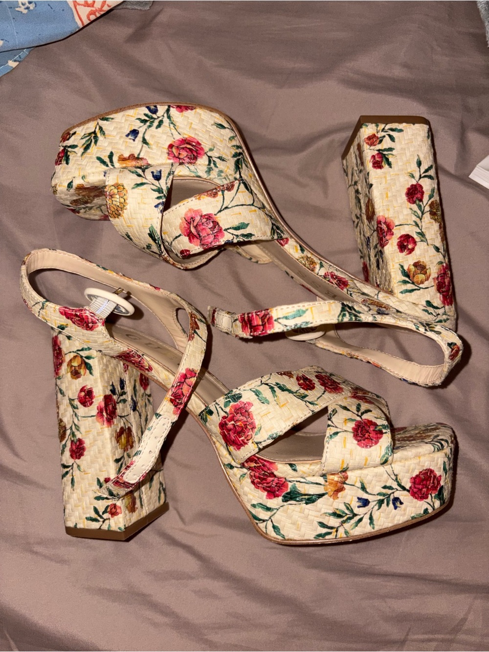 Guess Cream Floral Platform Block Heel Sandals